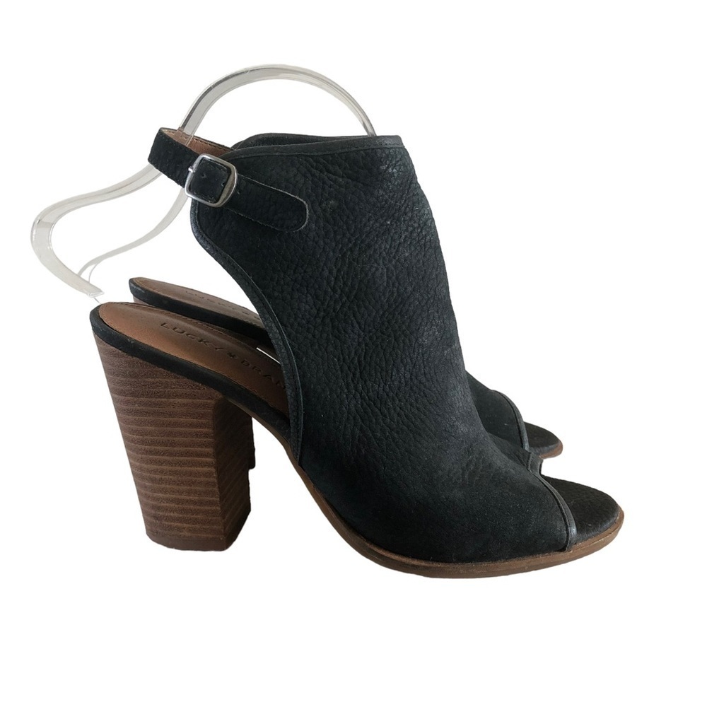 Lucky Brand Lisza Black Leather Open Toe Heeled Booties 8
